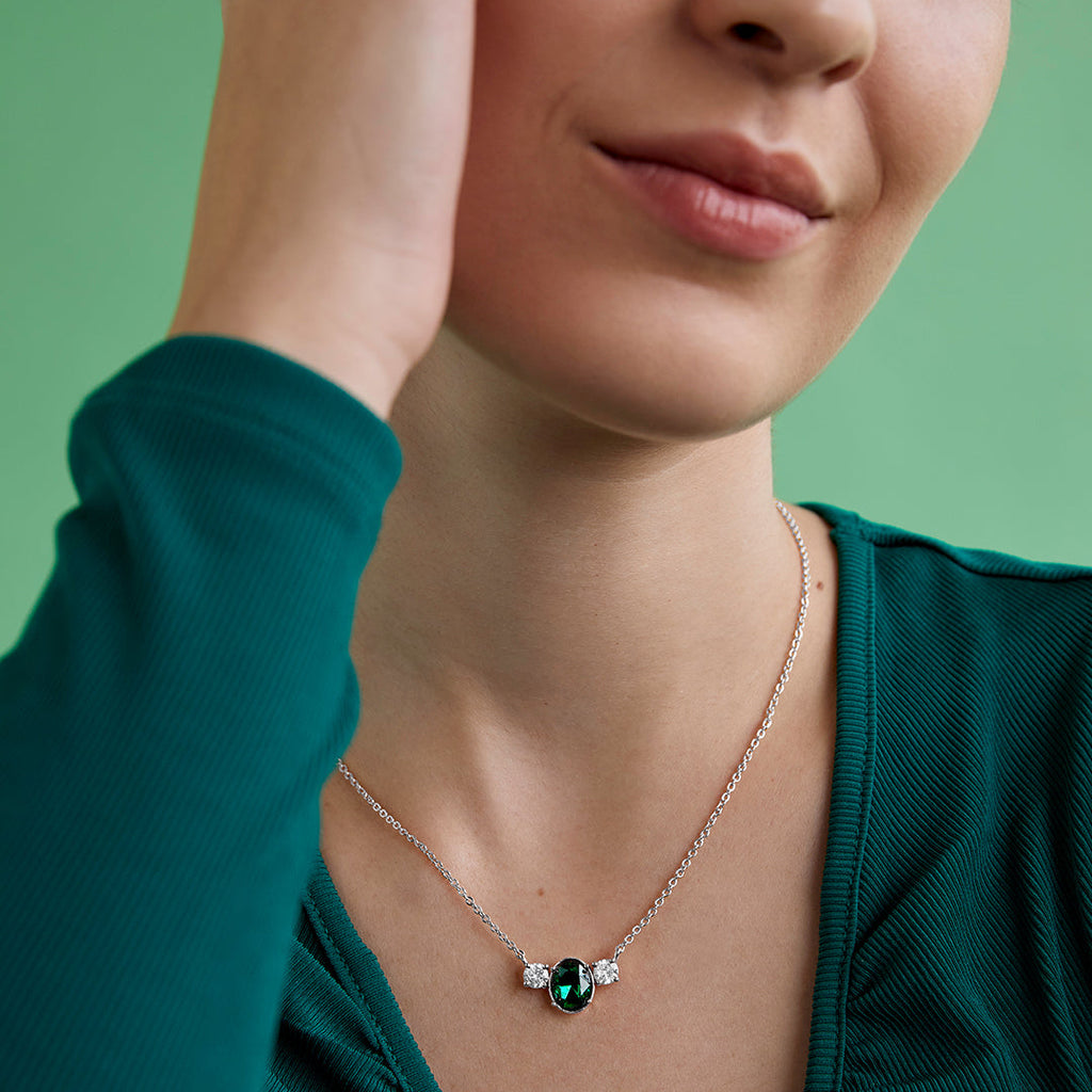 Elegant Green Oval Rose Silver Gold CZ Anti Tarnish Brass Necklace Bulk