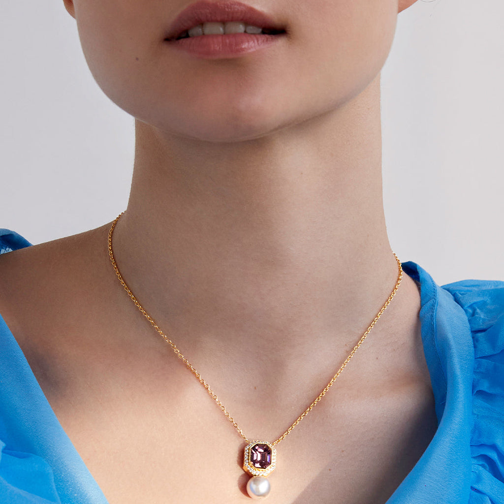 Elegant Emerald Cut Rose Silver Gold CZ Pearl Brass Necklace Bulk