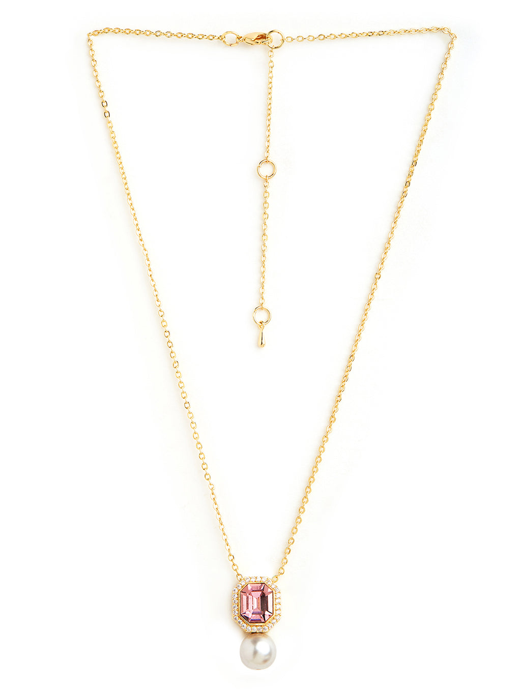 Elegant Emerald Cut Rose Silver Gold CZ Pearl Brass Necklace Bulk