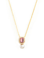 Elegant Emerald Cut Rose Silver Gold CZ Pearl Brass Necklace Bulk