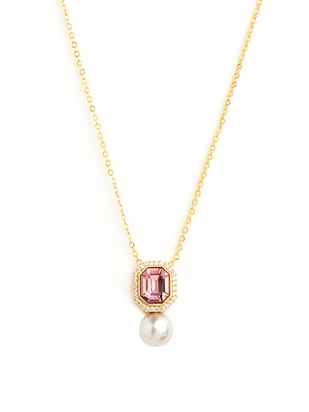 Elegant Emerald Cut Rose Silver Gold CZ Pearl Brass Necklace Bulk