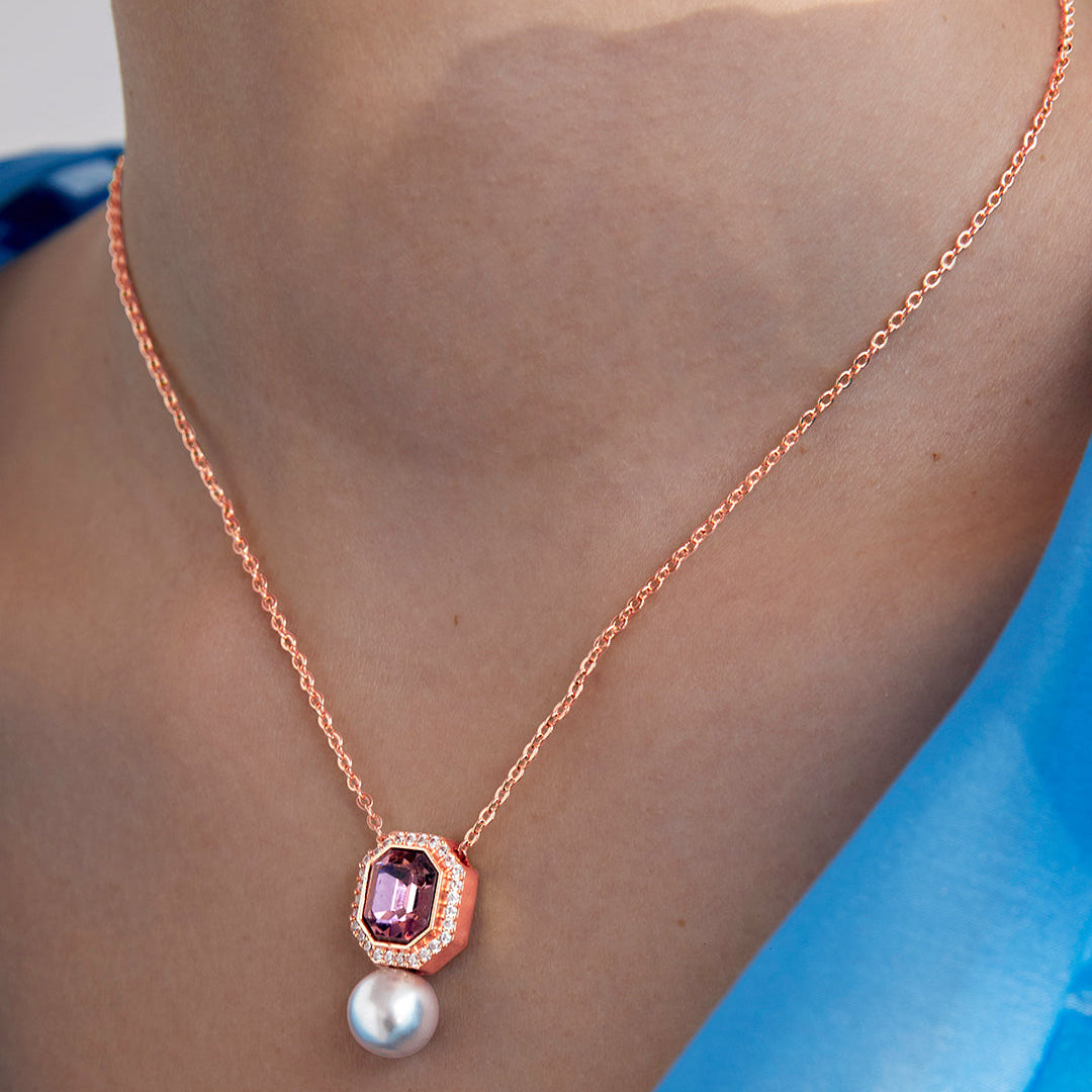 Elegant Emerald Cut Rose Silver Gold CZ Pearl Brass Necklace Bulk