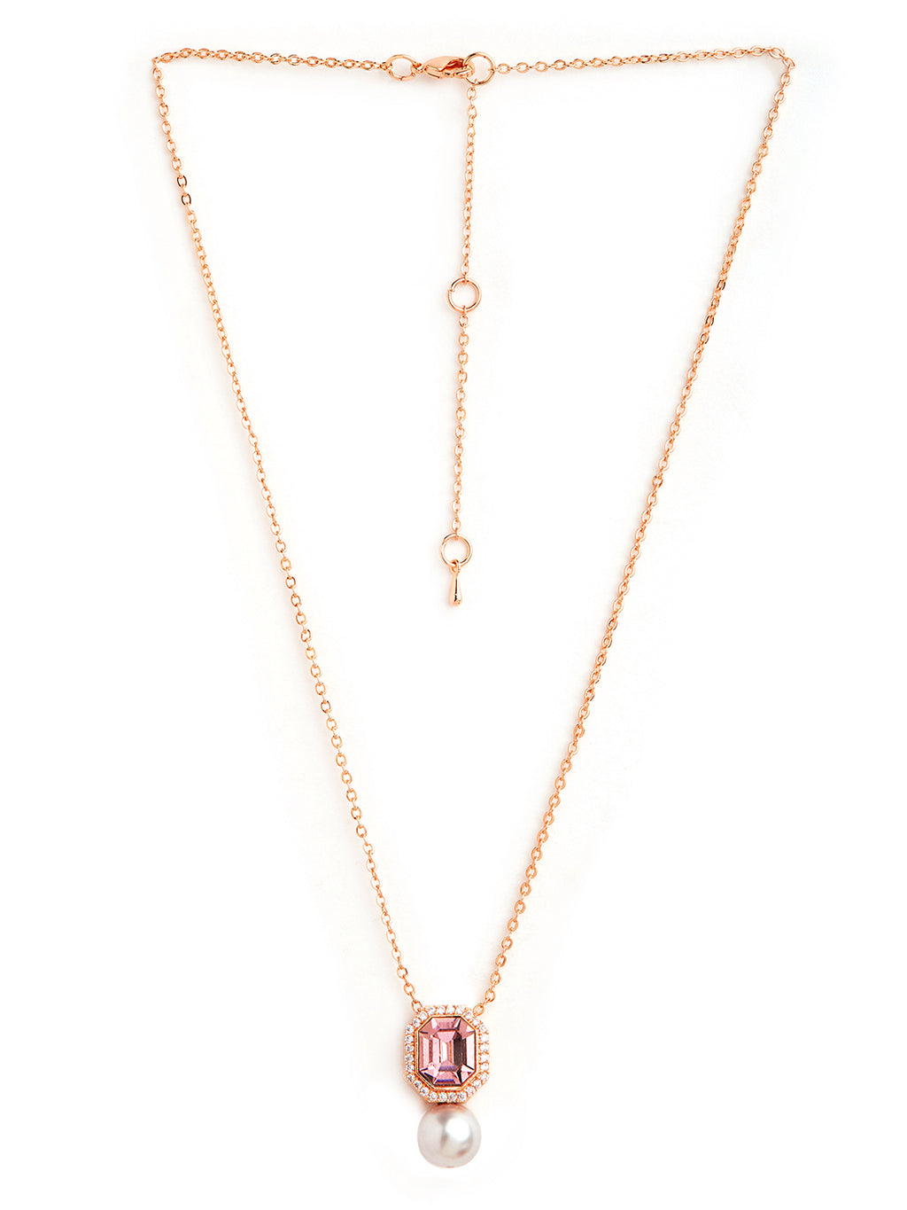 Elegant Emerald Cut Rose Silver Gold CZ Pearl Brass Necklace Bulk