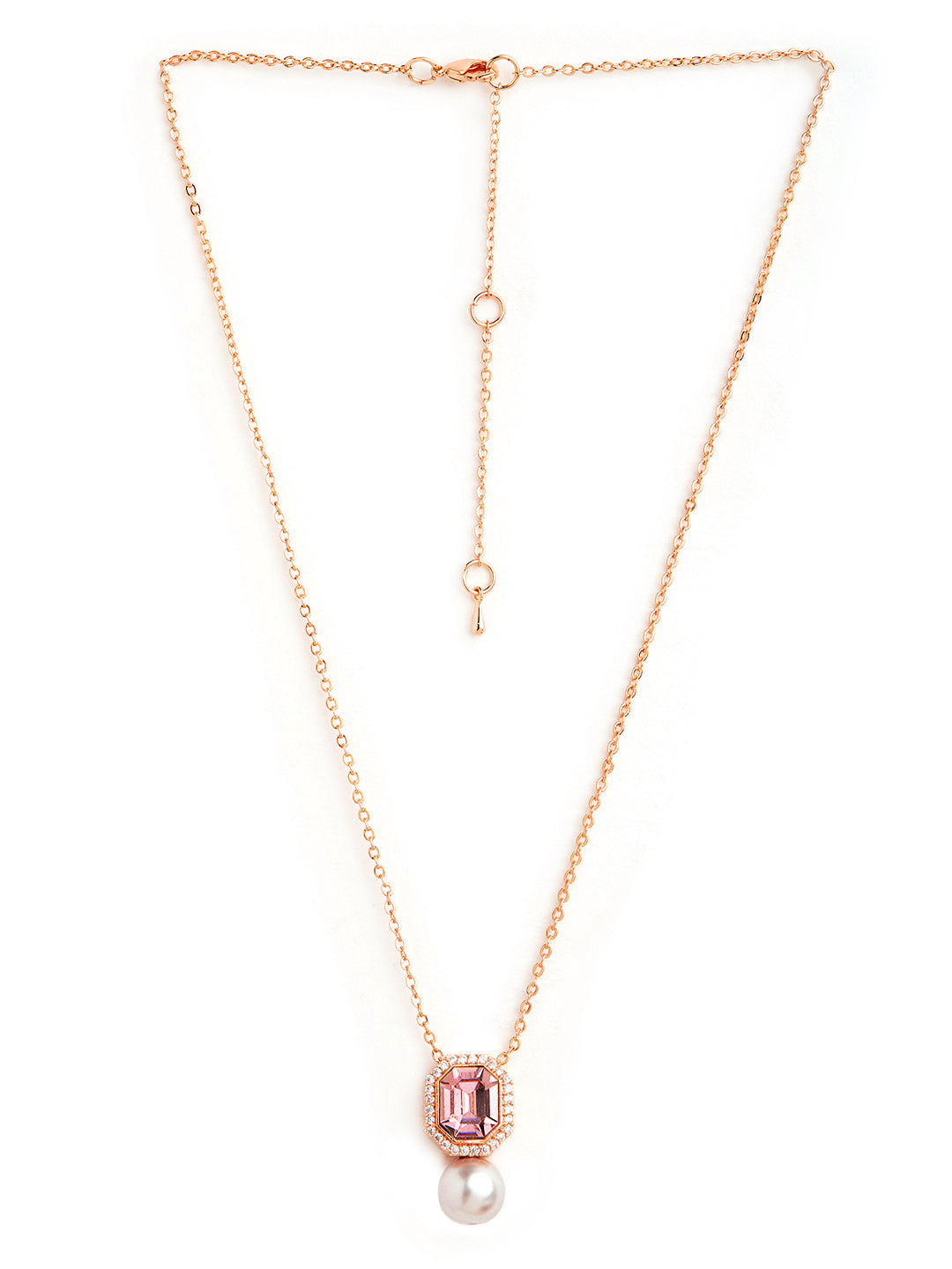 Elegant Emerald Cut Rose Silver Gold CZ Pearl Brass Necklace Bulk
