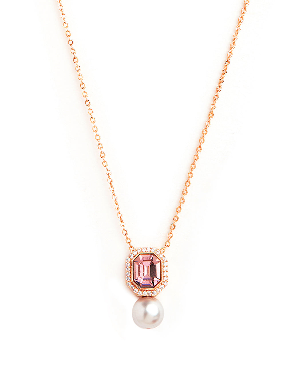 Elegant Emerald Cut Rose Silver Gold CZ Pearl Brass Necklace Bulk