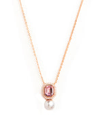 Elegant Emerald Cut Rose Silver Gold CZ Pearl Brass Necklace Bulk
