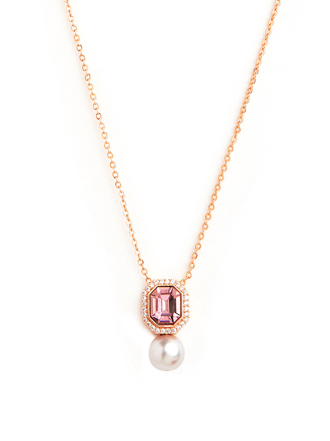Elegant Emerald Cut Rose Silver Gold CZ Pearl Brass Necklace Bulk