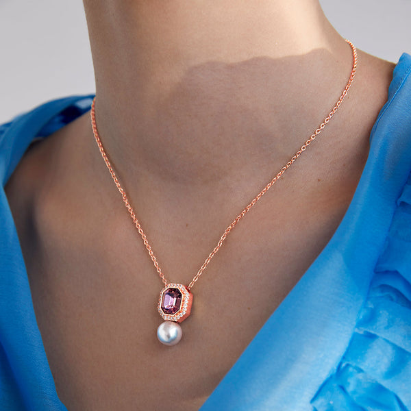 Elegant Emerald Cut Rose Silver Gold CZ Pearl Brass Necklace Bulk Main image