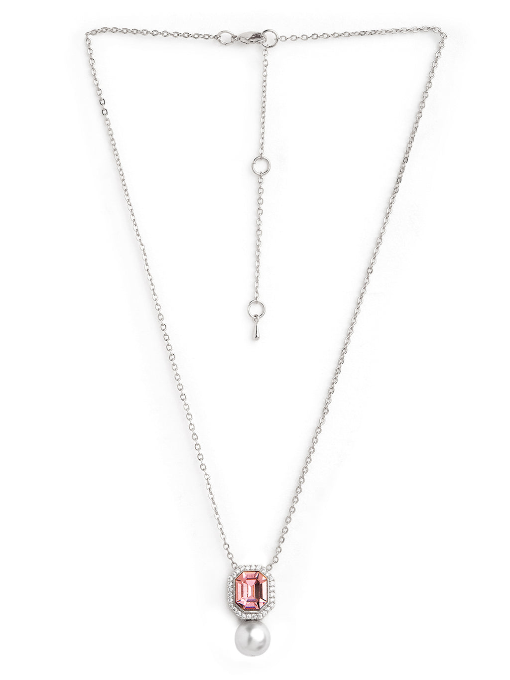 Elegant Emerald Cut Rose Silver Gold CZ Pearl Brass Necklace Bulk