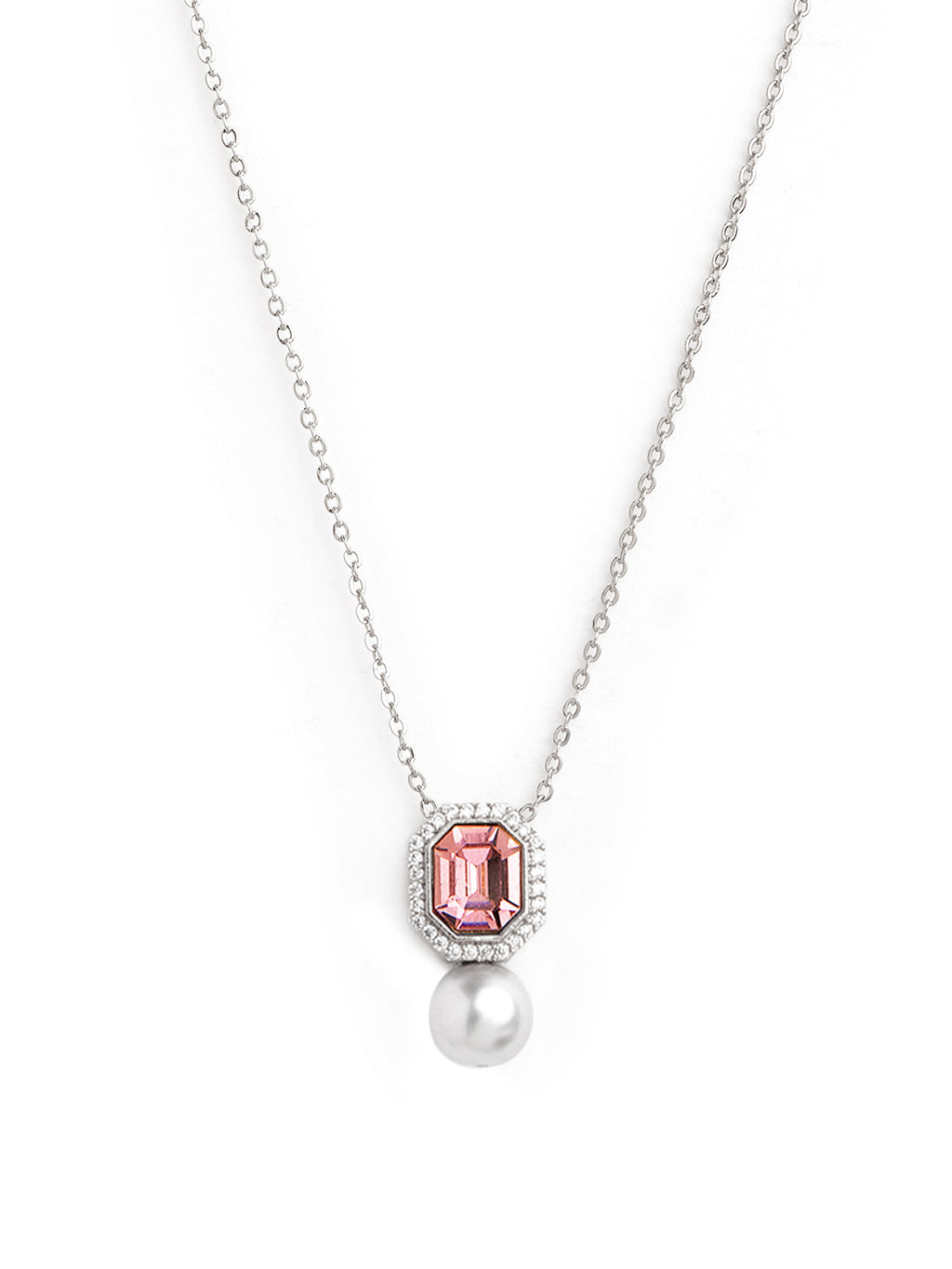 Elegant Emerald Cut Rose Silver Gold CZ Pearl Brass Necklace Bulk