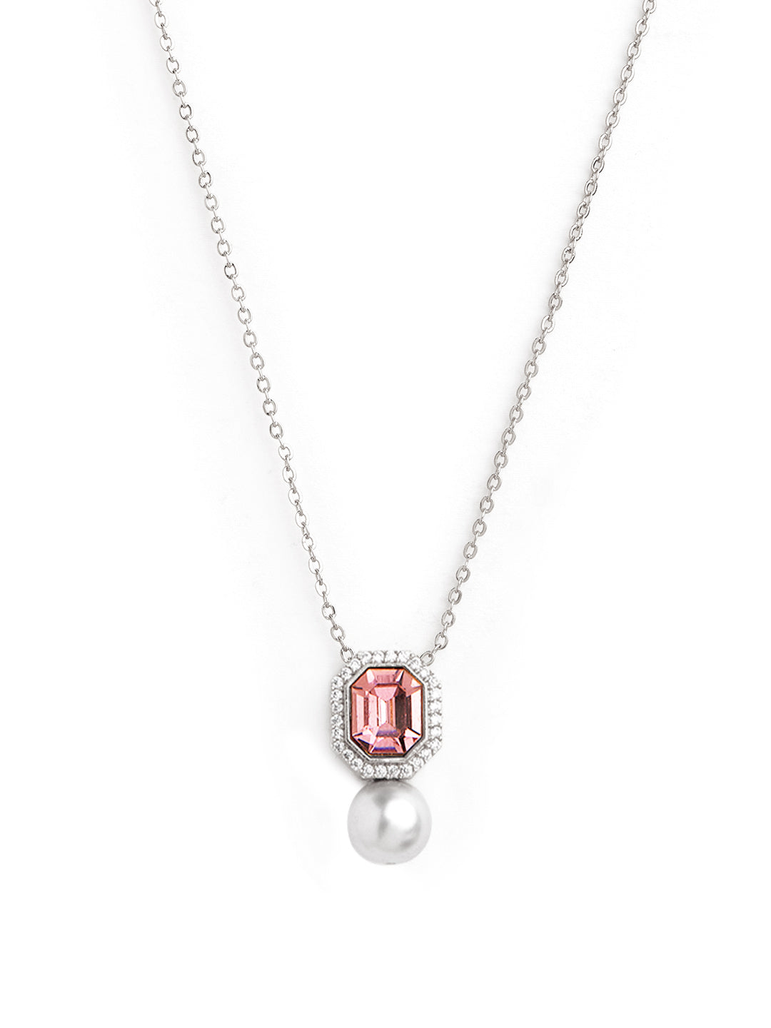 Elegant Emerald Cut Rose Silver Gold CZ Pearl Brass Necklace Bulk