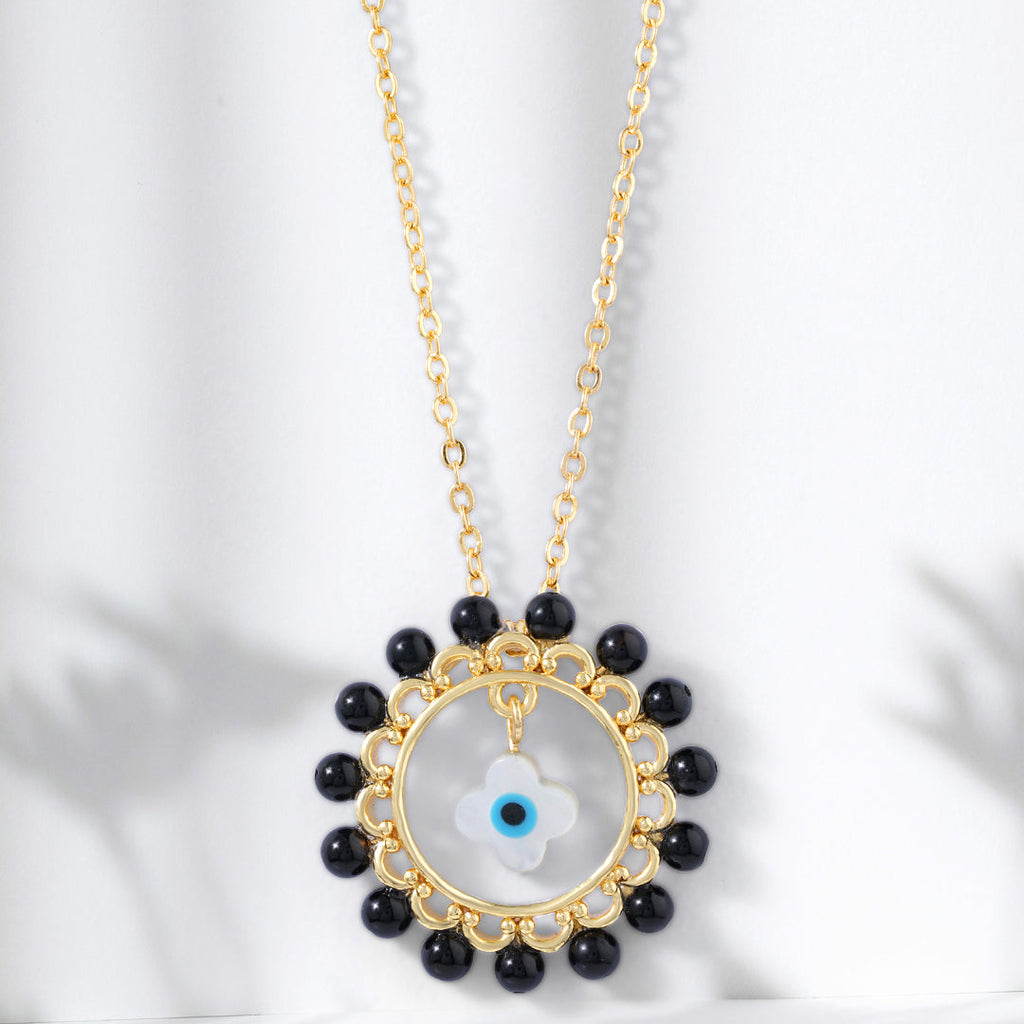 Evil Eye Floral Rose Silver Gold CZ Black Beads Brass Necklace Bulk