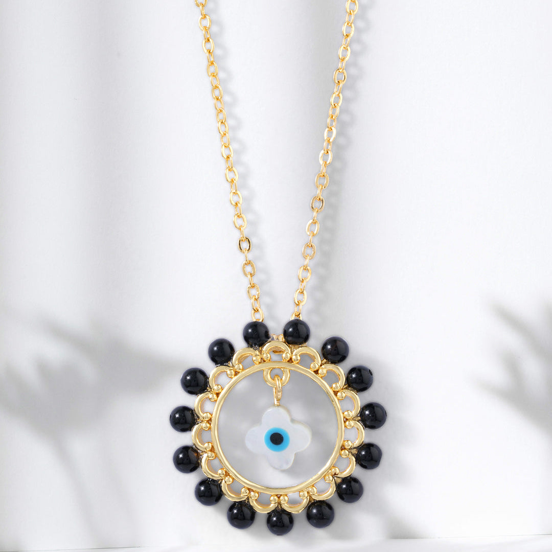Evil Eye Floral Rose Silver Gold CZ Black Beads Brass Necklace Bulk