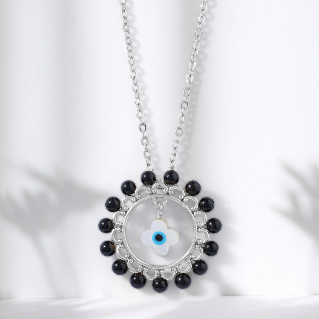 Evil Eye Floral Rose Silver Gold CZ Black Beads Brass Necklace Bulk