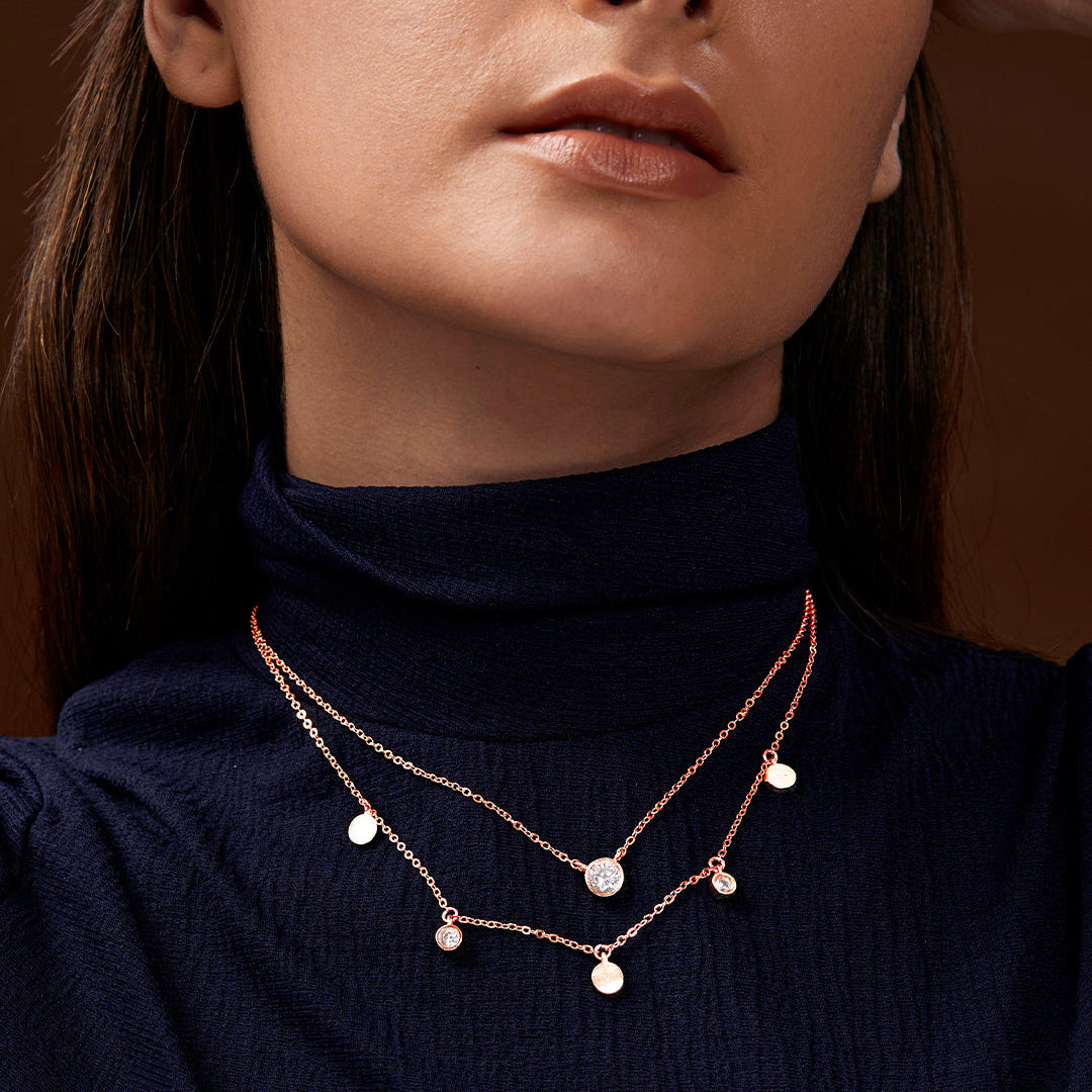Double Layer Disc Charm Rose Silver Gold Plated CZ Brass Necklace Bulk Secondary image