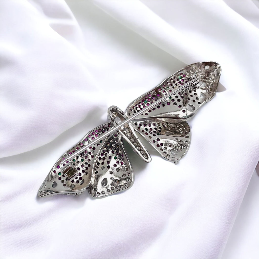 Pink Green Butterfly Cubic Zirconia Silver Anti Tarnish Brooch Bulk