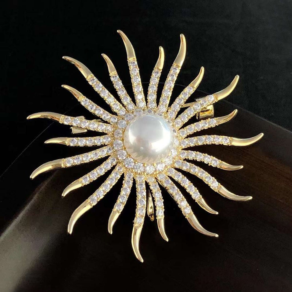 Sun Cubic Zirconia Pearl White 18K Gold Anti Tarnish Brooch Women Bulk