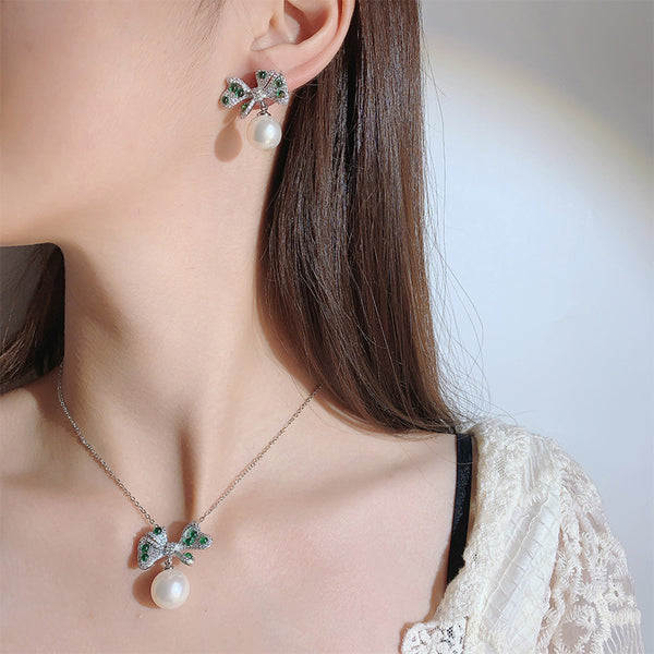 Bow Green White Silver CZ Pearl Anti Tarnish Pendant Earring Bulk Main image