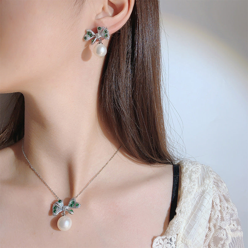 Bow Green White Silver CZ Pearl Anti Tarnish Pendant Earring Bulk Main image