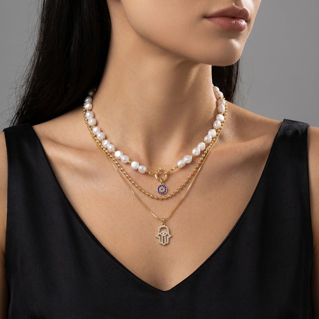 Gold Evil Eye Layered Hamsa Pearl Cubic Zirconia Necklace For Women Bulk