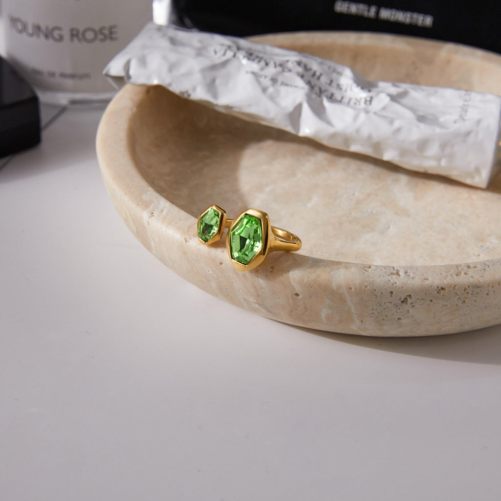 Dual Gold Geometric Green CZ Stainless Steel Adjustable Cocktail Ring Bulk