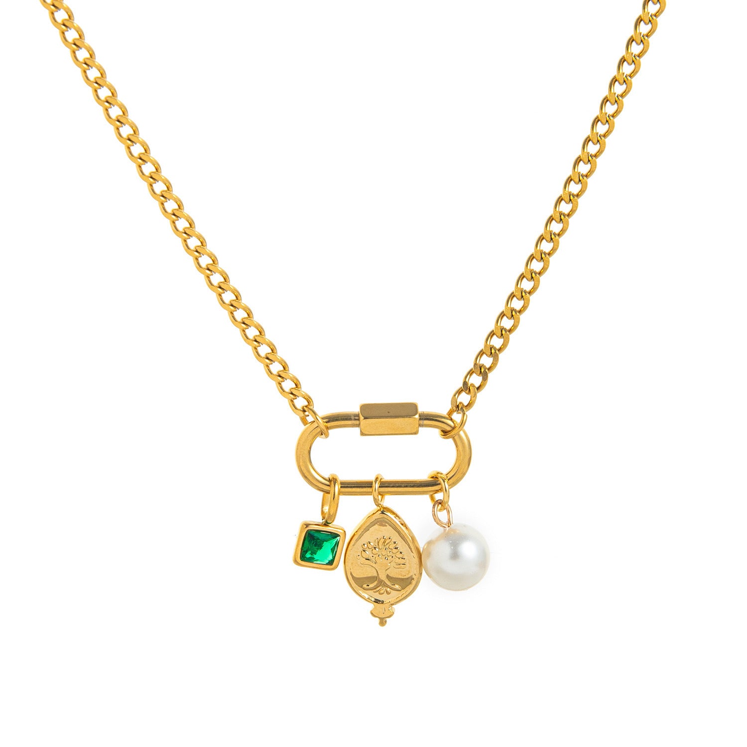 Multi Color Trendy Carabiner Charm Gold Plated CZ Copper Necklace Bulk