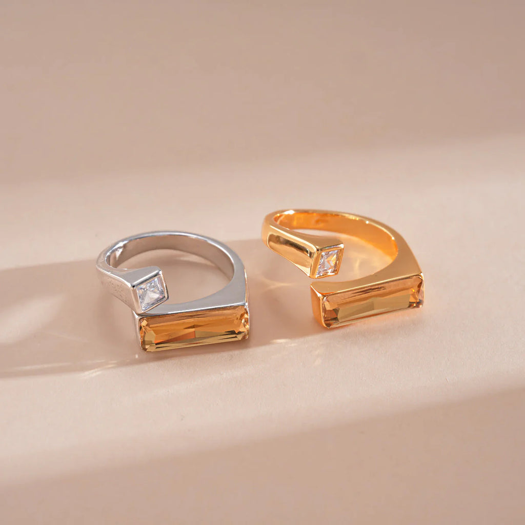 Gold Silver Baguette Crystal Copper Adjustable Ring For Women