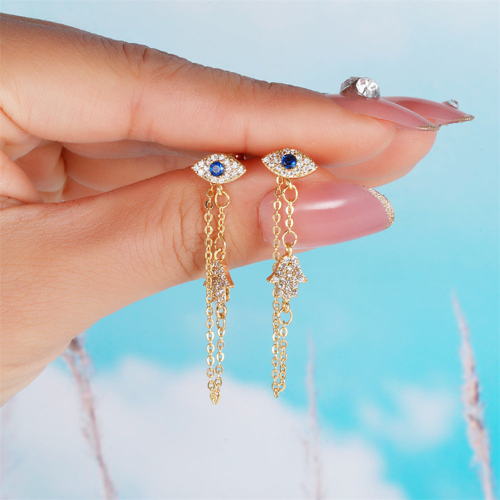 Gold Silver Evil Eye Hamsa Chain Cubic Zirconia Copper Drop Earrings Bulk