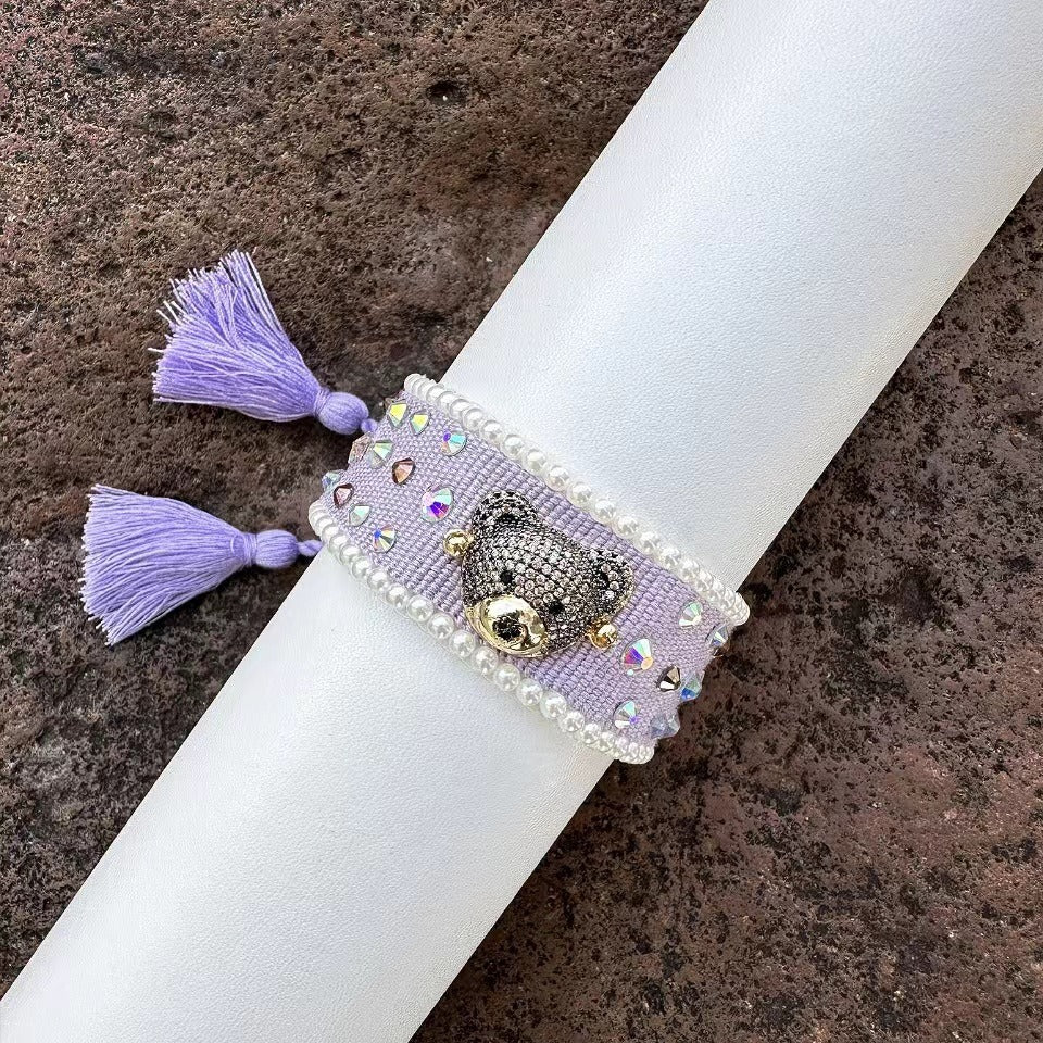 Teddy Bear Face Crystal Fabric Writ Band Threads Bracelet Bulk