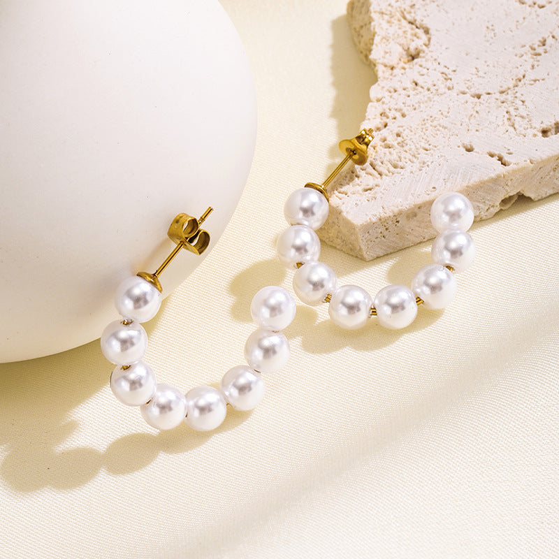 White Elegant Faux Gold Plated Pearl Stainless Steel Hoop Earrings Bulk Secondary image