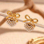Bow Heart Pearl 18K Gold Anti Tarnish Stainless Steel Dangler Drop Earrings For Women