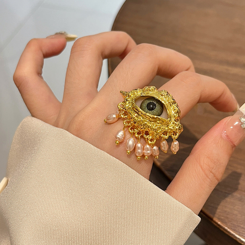 Wholesale Green Evil Eye Gold Silver Pearl Beads Adjustable Fancy Ring Main image