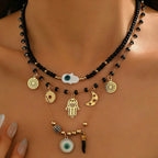 Multi Color Evil Eye Layered Hamsa Charm Gold Beads Necklace Women Bulk