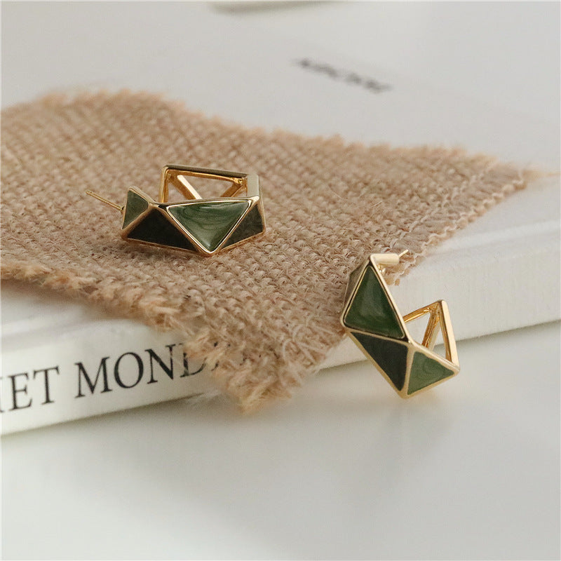 Triangle Enamel 18K Gold Green Brown Anti Tarnish Hoop Earring Bulk