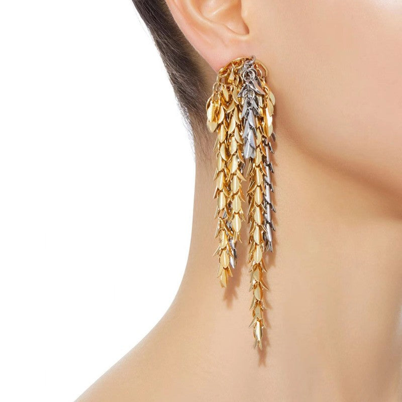 Luxury Dual Tone Cascading Leaf Gold Silver Copper Dangler Earrings Bulk