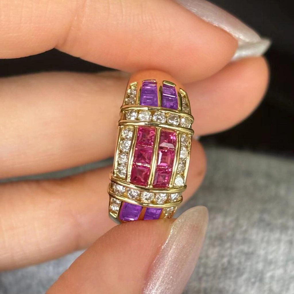 Purple Pink Baguette Crystal CZ Anti Tarnish Free Size Ring Bulk