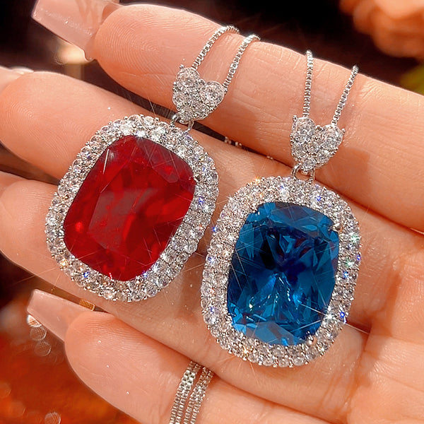 Red Blue Luxury Emerald Cut Silver CZ Anti Tarnish Copper Pendant Chain Main image