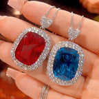 Red Blue Luxury Emerald Cut Silver CZ Anti Tarnish Copper Pendant Chain