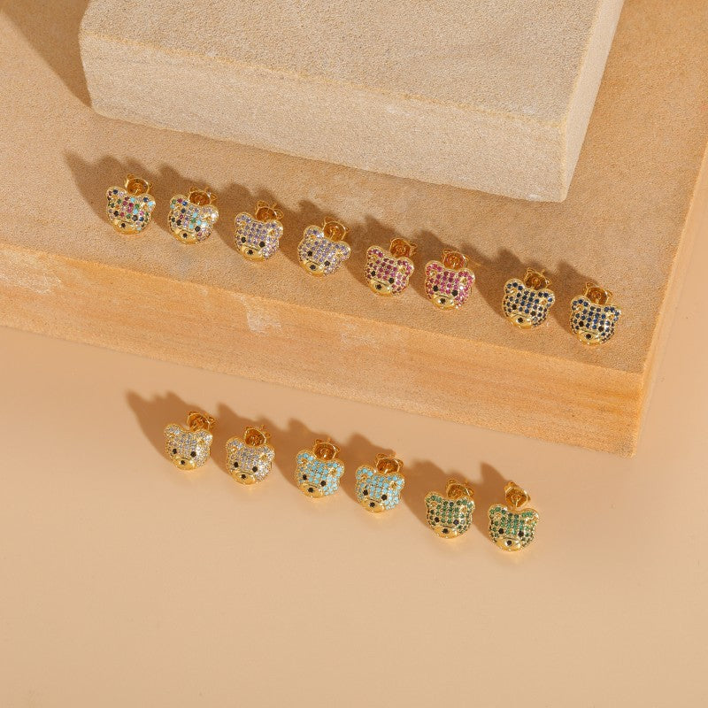Teddy Bear 18K Gold CZ Multi Gemstone Anti Tarnish Stud Earring Bulk