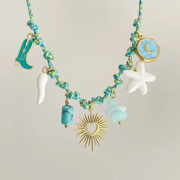 Sea Style Starfish Pearl Love Gold Multi Charm Thread Necklace Bulk Secondary image