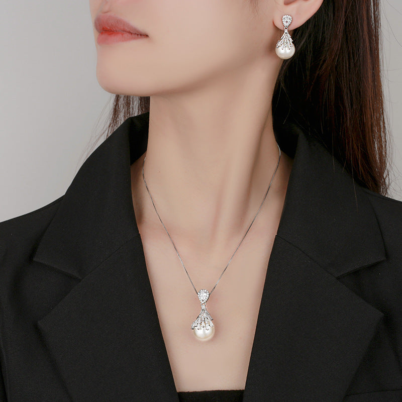 Drop White Silver Pearl Cubic Zirconia Necklace Earring Set Women Bulk