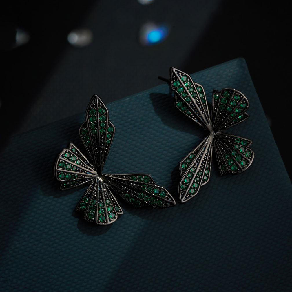 Modern Geometric Butterfly Wings Black Green CZ Copper Stud Earrings Bulk