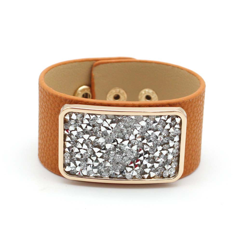 Rectangle CZ Rose Gold Anti Tarnish Wrist Band Leather Bracelet Bulk