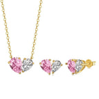 Heart Cut Pink & White Gold Silver CZ Copper Necklace Earring Set Bulk