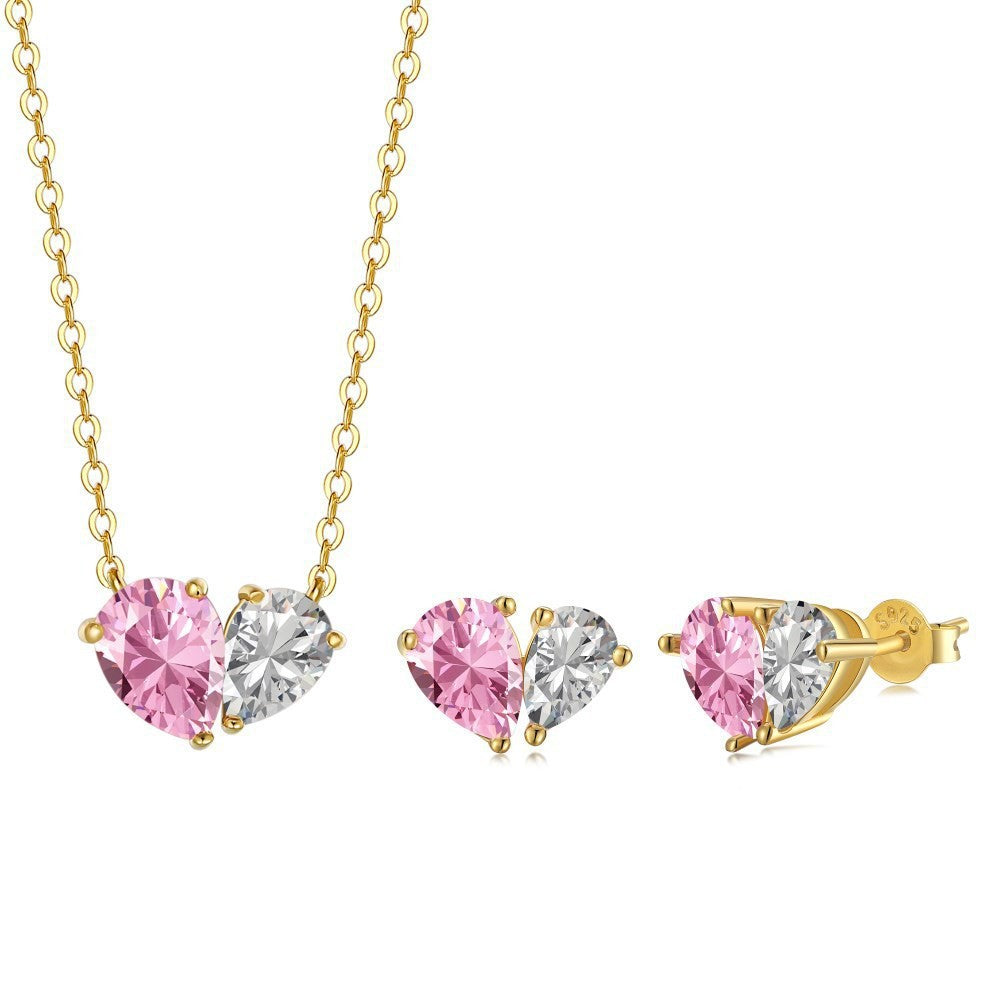 Heart Cut Pink & White Gold Silver CZ Copper Necklace Earring Set Bulk