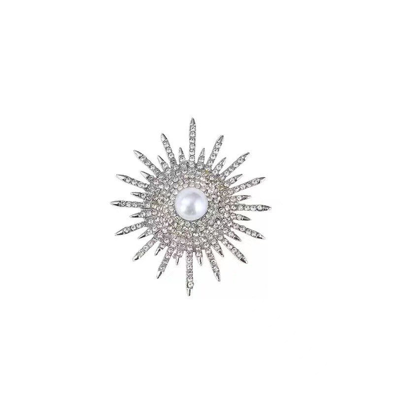 Designer Sunburst Gold Silver Plated CZ Pearl Alloy Brooch Wholesale