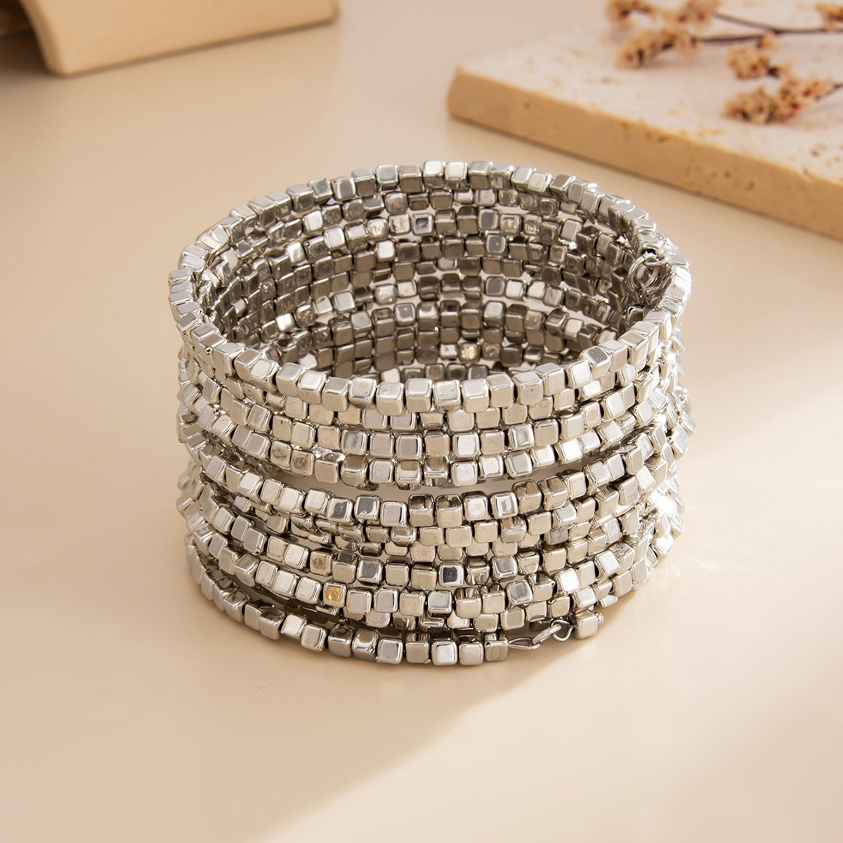 Heavy Look Square Stone Style Gold Silver Plated Beads Bracelet Bulk