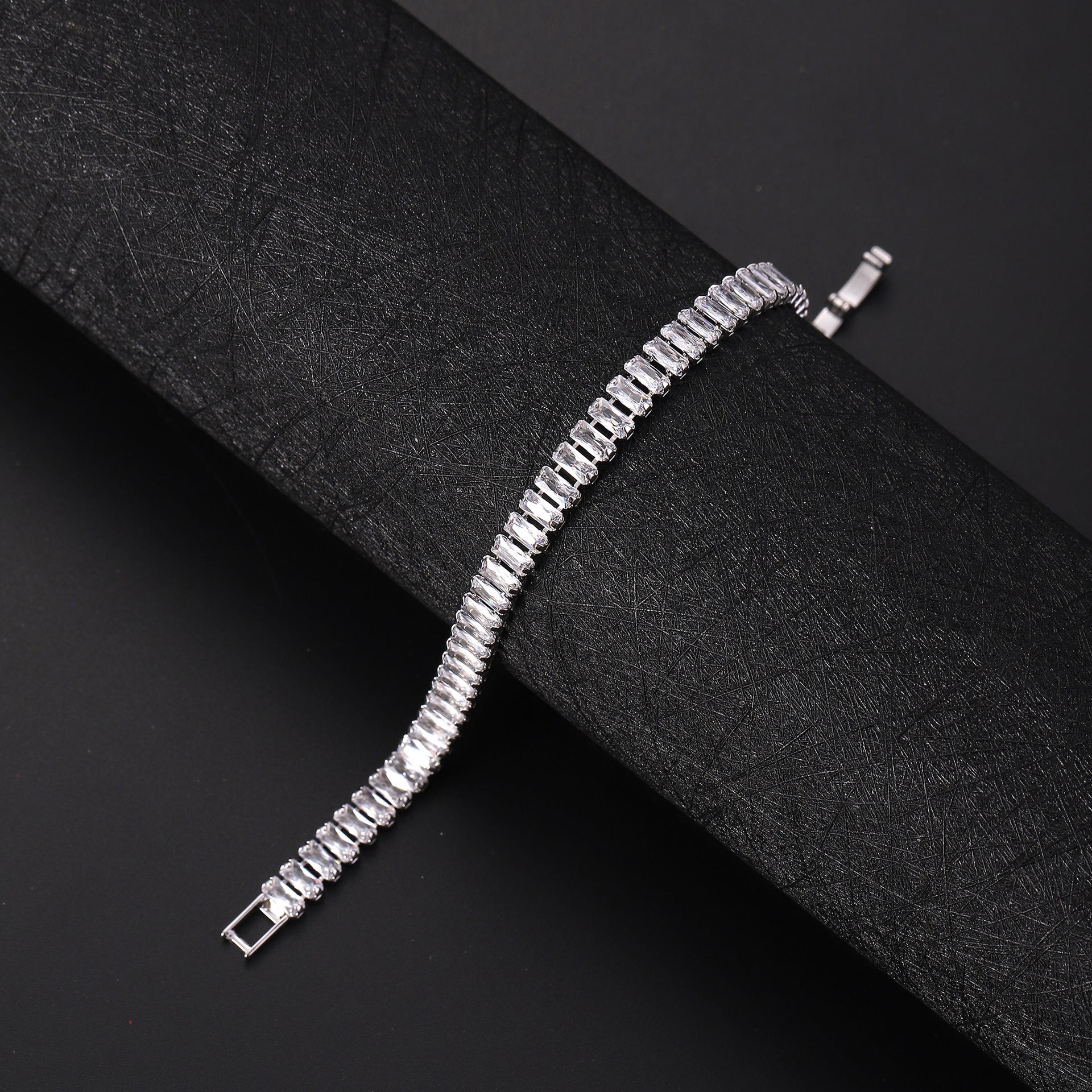 Bulk White Baguette Tennis Style Silver CZ Anti Tarnish Brass Bracelet