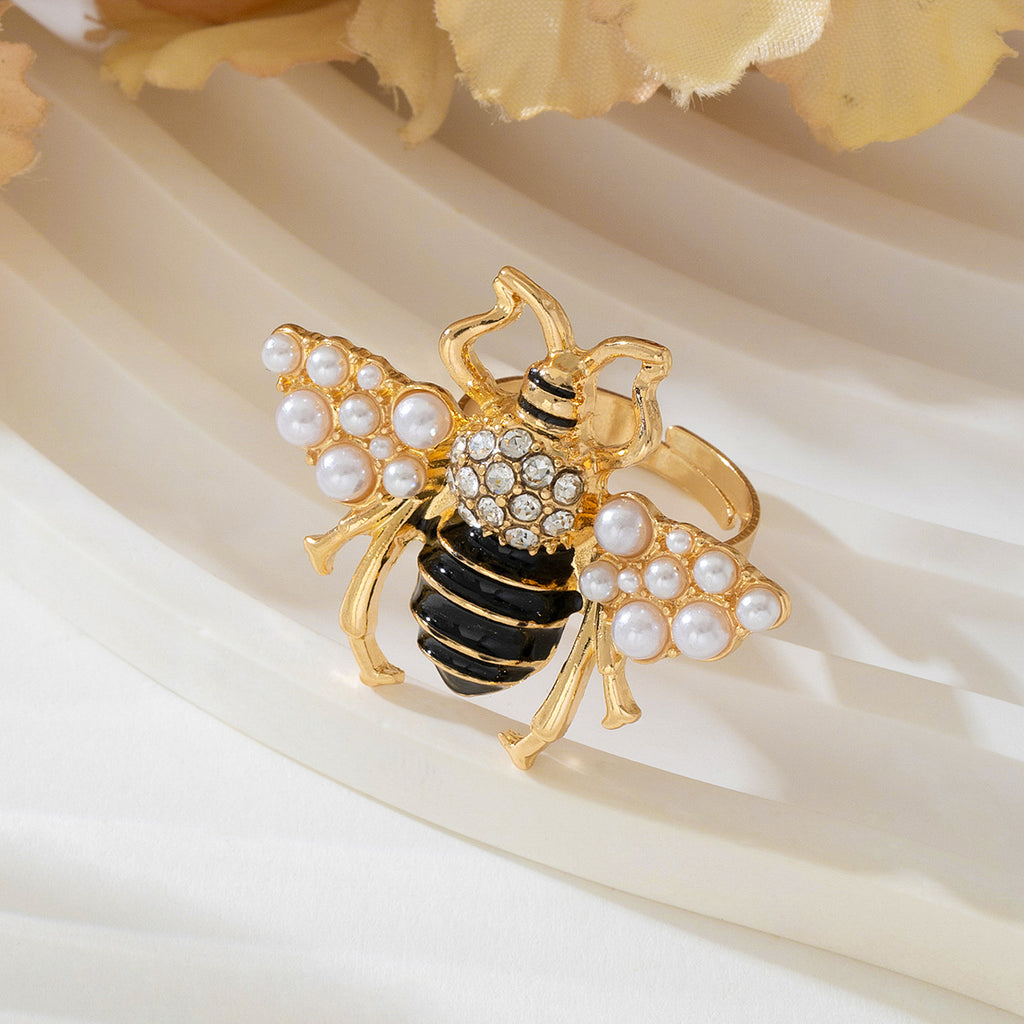 Insect Honeybee Pearl CZ Enamel Black 18K Gold Adjustable Ring Bulk
