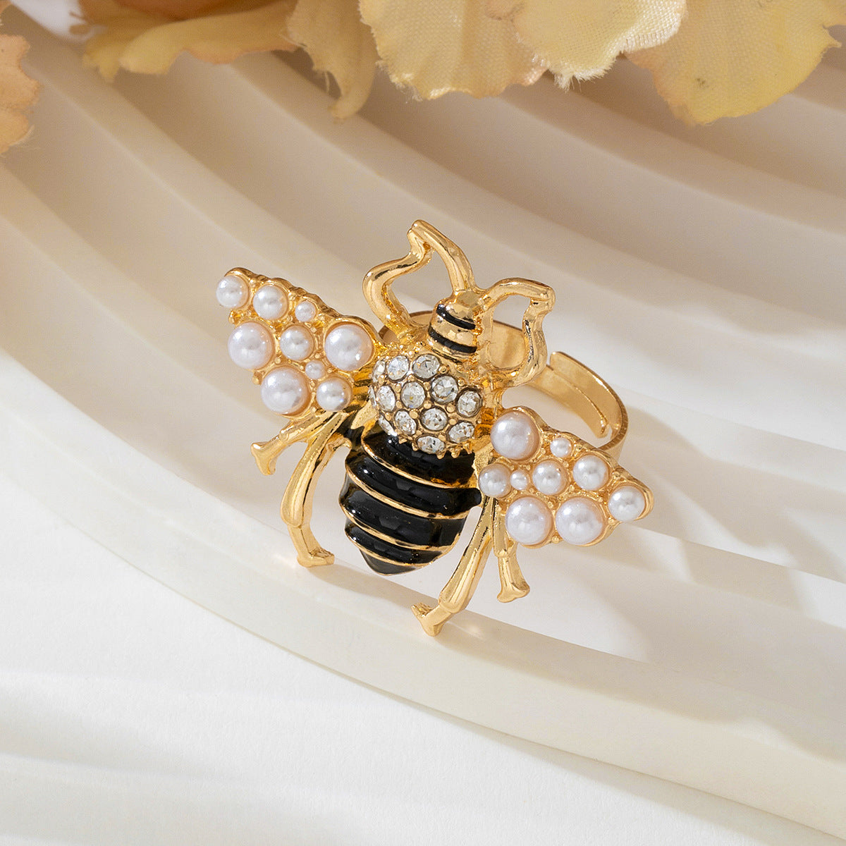 Insect Honeybee Pearl CZ Enamel Black 18K Gold Adjustable Ring Bulk